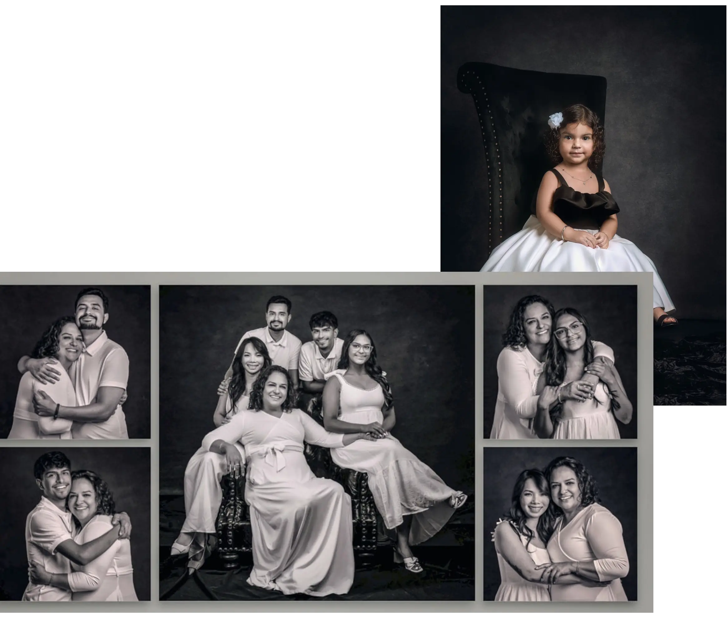 A collage of studio portraits features a family in various groupings, with a young girl in a white dress posing alone on a large chair, alongside professional headshots that capture each member’s personality.