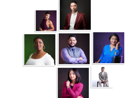 A collage of seven professionally dressed individuals posing for personal headshot portraits against various colored backgrounds.