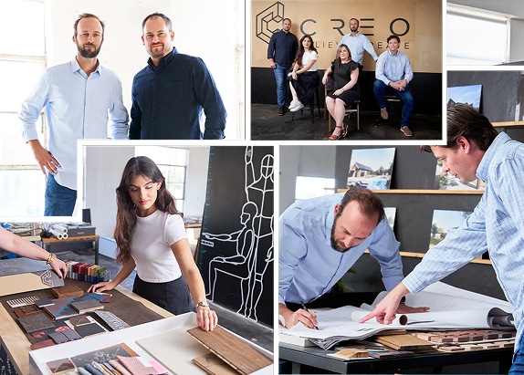 A collage shows two men standing for Men’s Headshots, a group of four people seated, a woman examining materials, and two men reviewing architectural plans in an office setting.