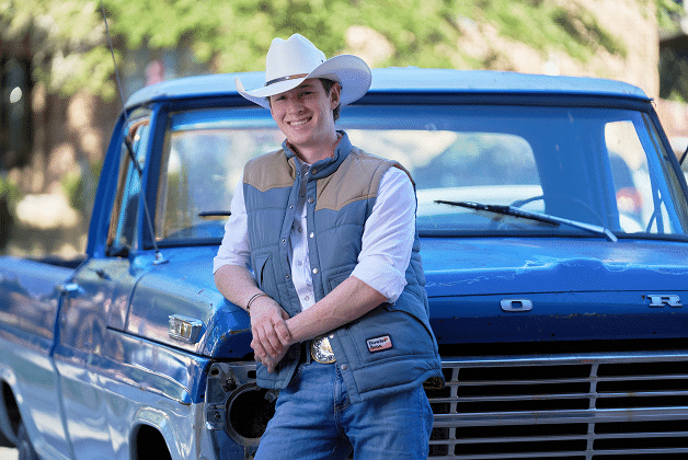 Best Tips for Creating a Memorable Senior Portrait Session 31 Young man in cowboy hat and vest leaning on blue vintage truck.