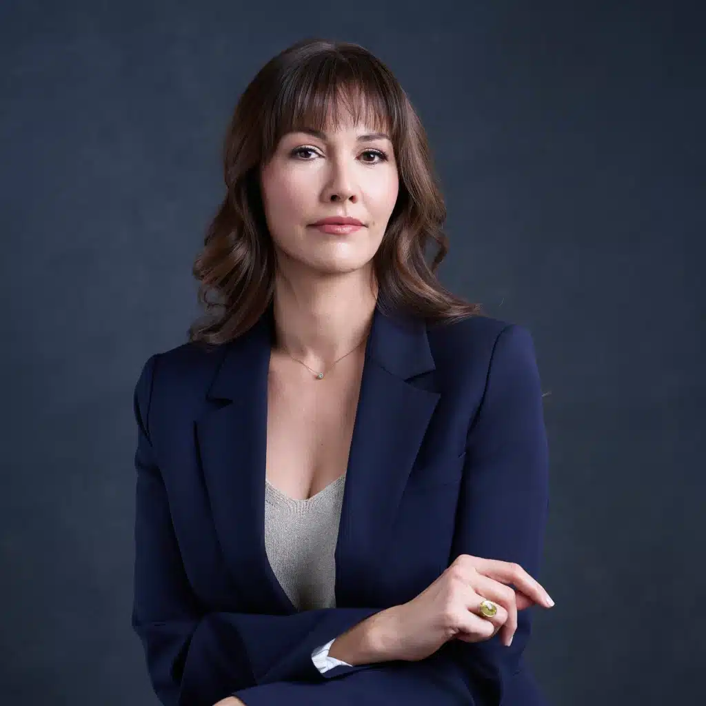 A woman with brown hair in loose waves wears a navy blazer and light top, sitting against a dark background with a neutral expression—an example of refined headshots for women by Matt Roberts in San Antonio.